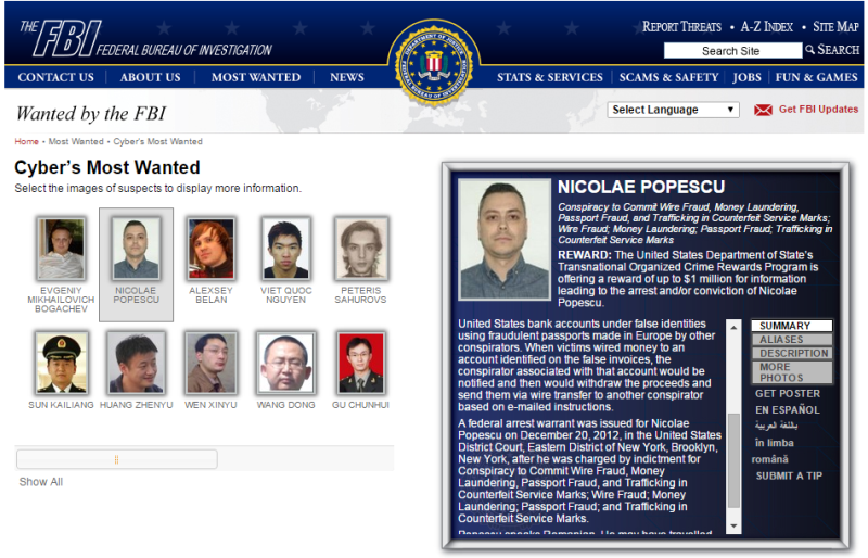 NICOLAE POPESCU fbi cyber most wanted